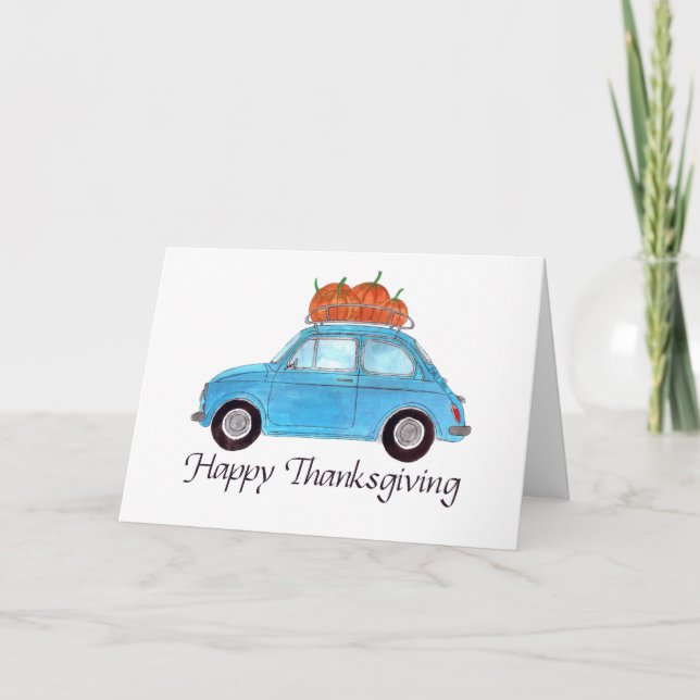 Happy Thanksgiving Blue Retro Fiat 500 Card (Front)