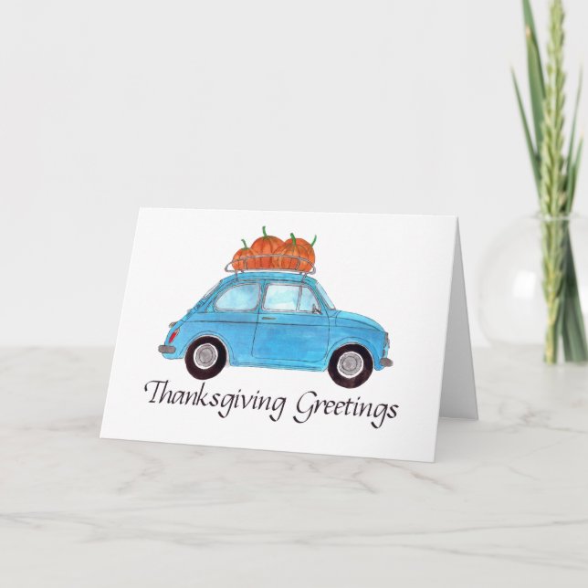 Happy Thanksgiving Blue Retro Fiat 500 Card (Front)