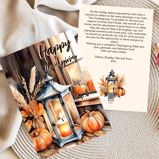 Happy Thanksgiving boho pumpkin lantern watercolor Holiday Card (Happy Thanksgiving boho rustic pumpkin lantern harvest grain crops watercolor template greeting card)