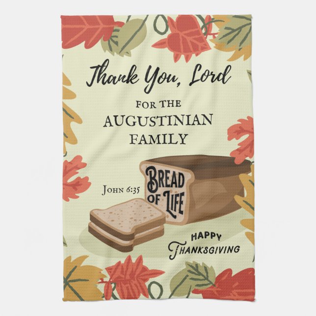 Happy Thanksgiving BREAD OF LIFE Family Name Tea Towel (Vertical)