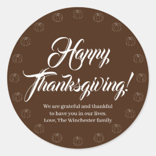 Happy Thanksgiving brown script text cute pumpkins Classic Round Sticker