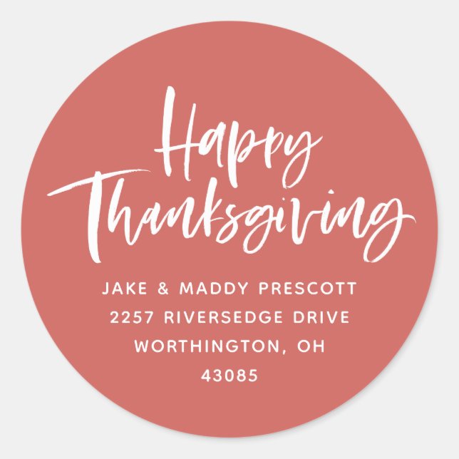 Happy Thanksgiving brush script return address Classic Round Sticker (Front)