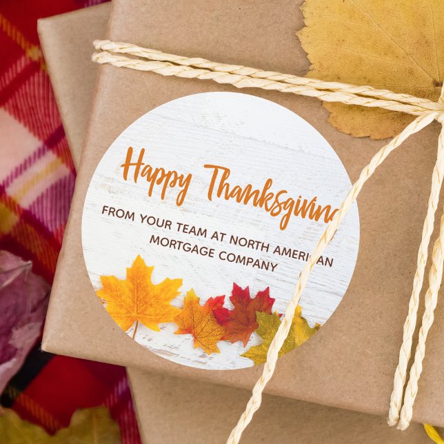 Happy Thanksgiving Business Autumn Leaves Company Classic Round Sticker (Creator Uploaded)