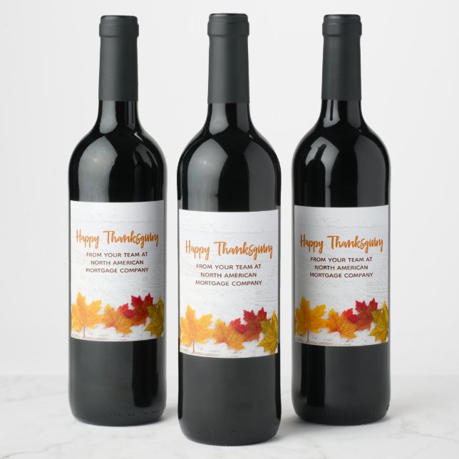 Happy Thanksgiving Business Autumn Leaves Custom Wine Label (Bottles)