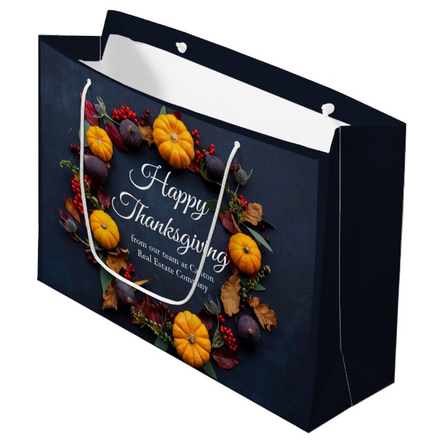 Happy Thanksgiving Business Pumpkin Wreath Custom Large Gift Bag (Front Angled)