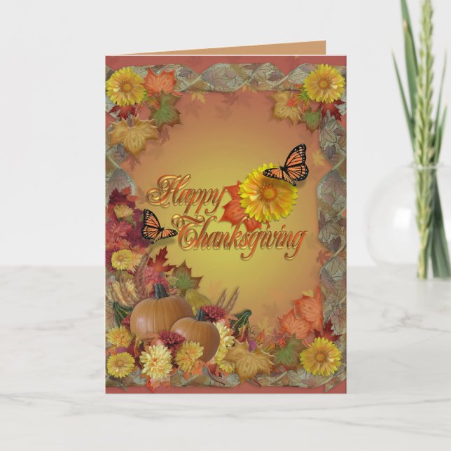 Happy Thanksgiving butterflies and flowers Holiday Card (Front)