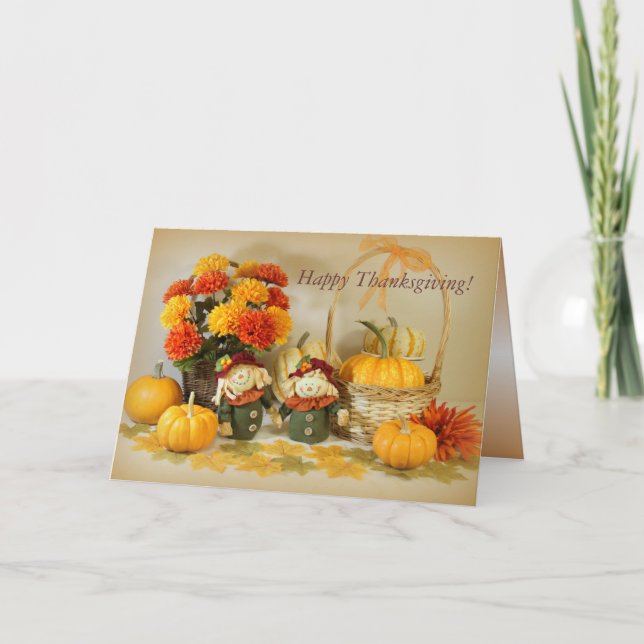 Happy Thanksgiving  card with two cute scarecrows (Front)