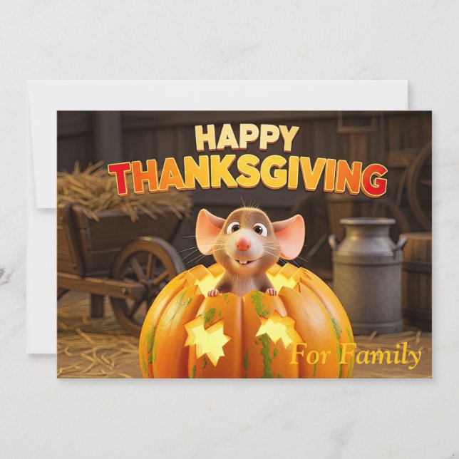 Happy Thanksgiving Cartoon Rat in Pumpkin Holiday Card (Front)
