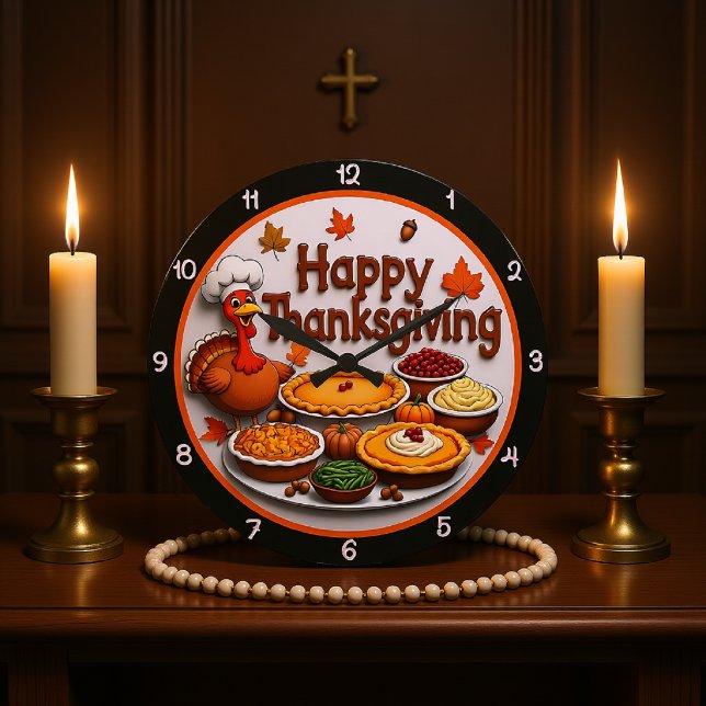 Happy Thanksgiving Cartoon Turkey Dinner Large Clock (Creator Uploaded)