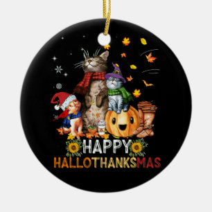 Happy Thanksgiving Cat Happy Hallothanksmas Cats Ceramic Tree Decoration