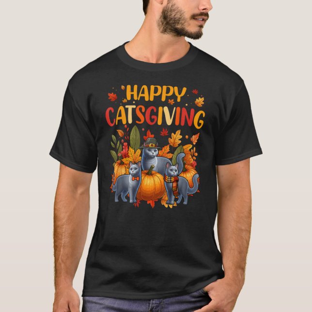 Happy Thanksgiving Cat Three Cute Russian Blue Cat T-Shirt (Front)