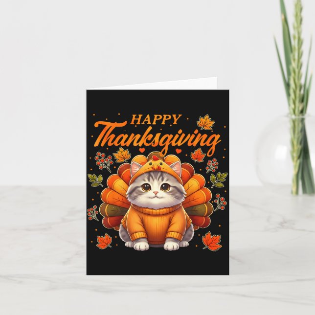 Happy Thanksgiving Cat Turkey Day Autumn Fall Men  Card (Front)