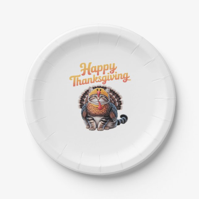 Happy Thanksgiving Cat Turkey Day Fall Classic T-S Paper Plate (Front)