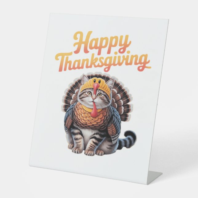 Happy Thanksgiving Cat Turkey Day Fall Classic T-S Pedestal Sign (Front)