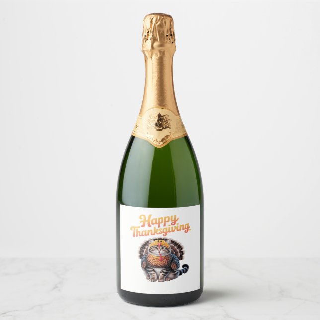 Happy Thanksgiving Cat Turkey Day Fall Classic T-S Sparkling Wine Label (Front)
