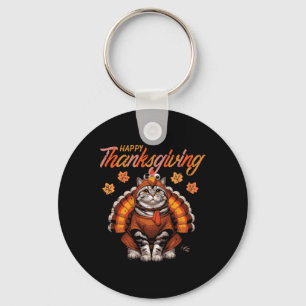 Happy Thanksgiving Cat Turkey Day Fall Women Girls Key Ring