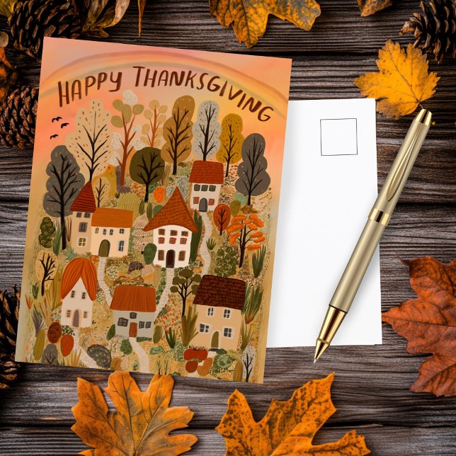 Happy Thanksgiving Charming Autumn Village Cute  Postcard (Happy Thanksgiving Charming Autumn Village Cute Postcard
)
