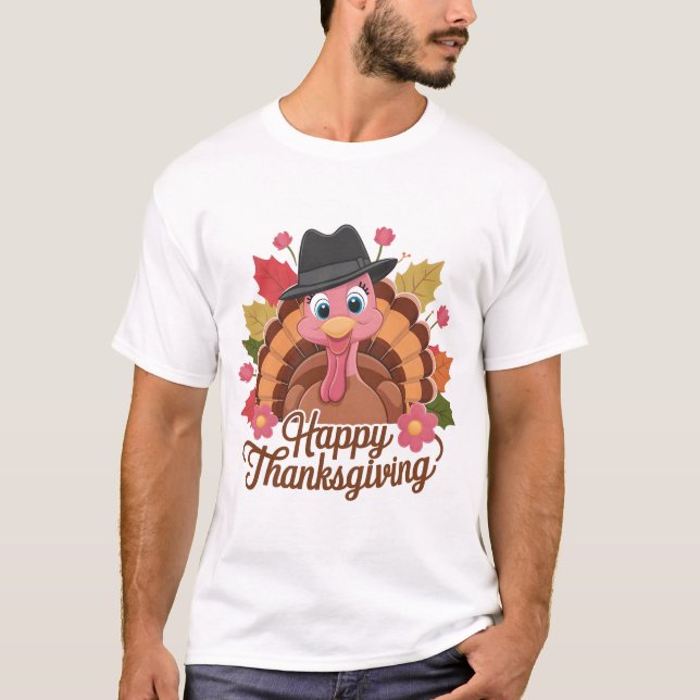 Happy Thanksgiving Cheerful Turkey in Black Hat T-Shirt (Front)