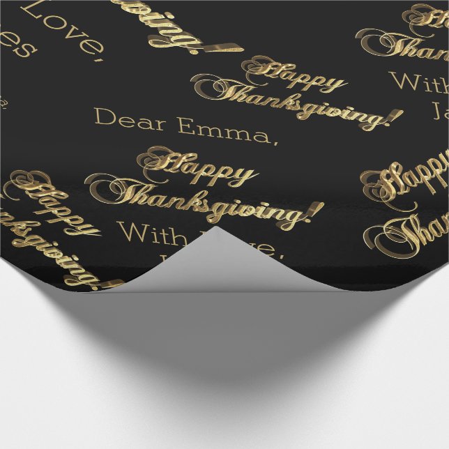 Happy Thanksgiving Chic Black Faux Gold Foil Text Wrapping Paper (Corner)