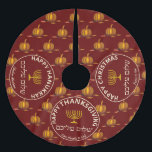 Happy Thanksgiving Christmas Hanukkah MULTI Custom Brushed Polyester Tree Skirt<br><div class="desc">This TREE SKIRT has been designed for families of different faiths and celebrations - THANKSGIVING, HANUKKAH and CHRISTMAS. So whether you celebrate 'Chrismukkah' or 'Thanksgivukkah', etc, this tree skirt covers all bases. Suitable for Christmas trees and Menorah trees. Customise the text in each of the three circles, which are unlinked,...</div>