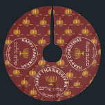 Happy Thanksgiving Christmas Hanukkah MULTI Custom Brushed Polyester Tree Skirt<br><div class="desc">This TREE SKIRT has been designed for families of different faiths and celebrations - THANKSGIVING, HANUKKAH and CHRISTMAS. So whether you celebrate 'Chrismukkah' or 'Thanksgivukkah', etc, this tree skirt covers all bases. Suitable for Christmas trees and Menorah trees. Customise the text in each of the three circles, which are unlinked,...</div>