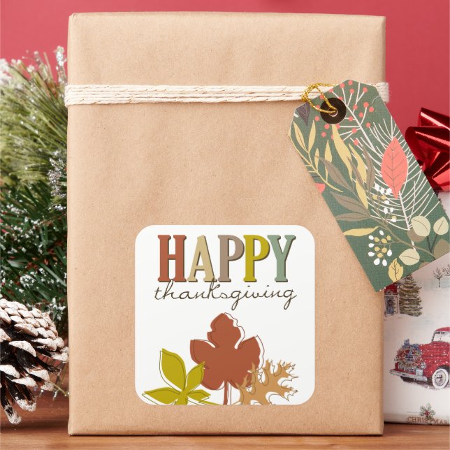 Happy Thanksgiving Colourful Autumn Leaves Holiday Square Sticker (Holiday)