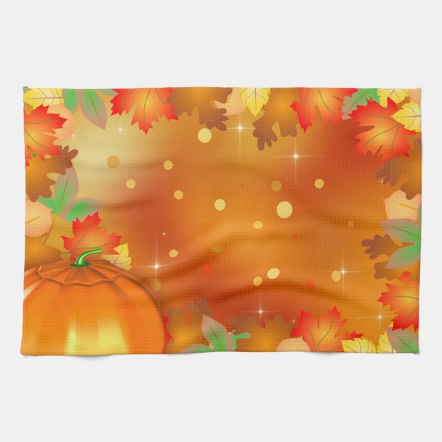Happy Thanksgiving Colourful Autumn Leaves Tea Towel (Horizontal)