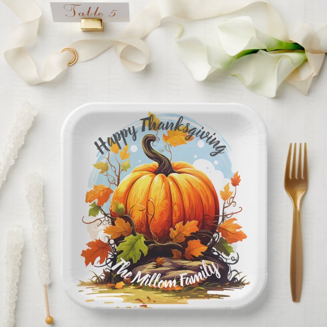Happy Thanksgiving colourful pumpkin editable Paper Plate (Wedding)