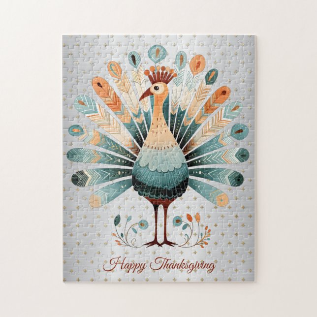 Happy Thanksgiving Colourful Turkey Golden Stars Jigsaw Puzzle (Vertical)