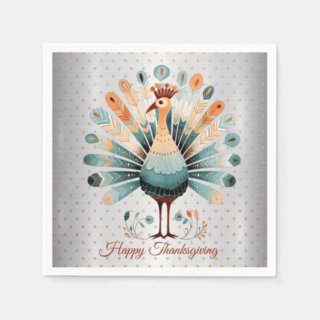 Happy Thanksgiving Colourful Turkey Golden Stars Napkin (Front)