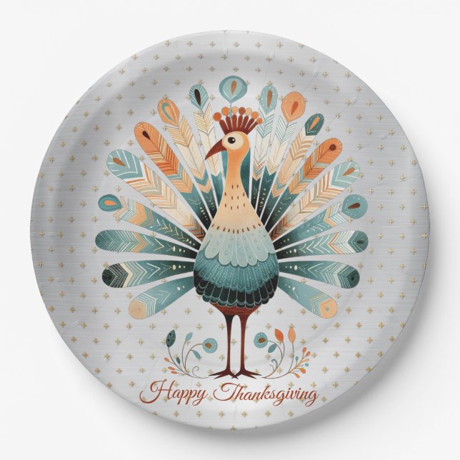 Happy Thanksgiving Colourful Turkey Golden Stars Paper Plate (Front)
