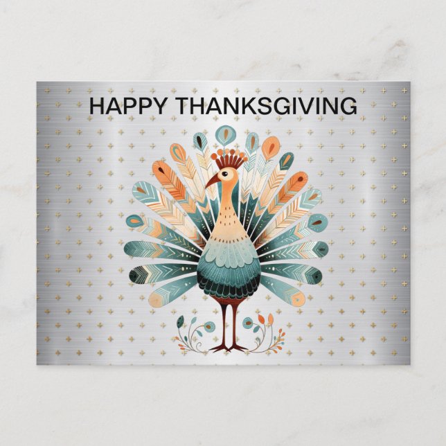 Happy Thanksgiving Colourful Turkey Golden Stars Postcard (Front)