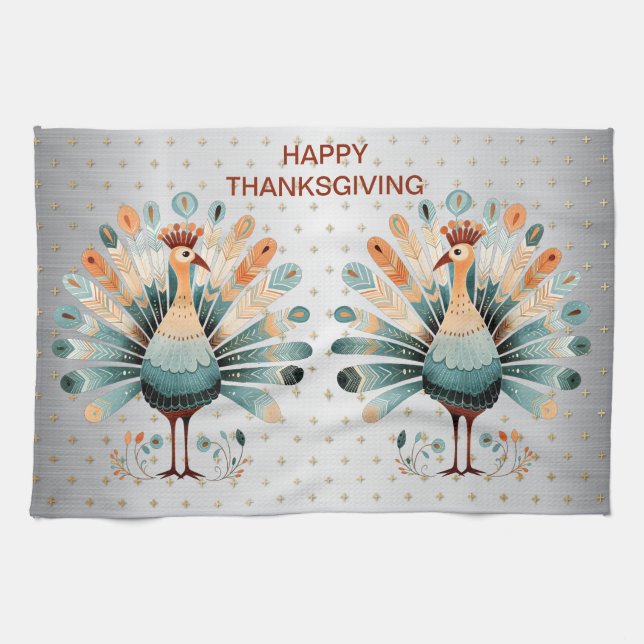 Happy Thanksgiving Colourful Turkey Golden Stars Tea Towel (Horizontal)