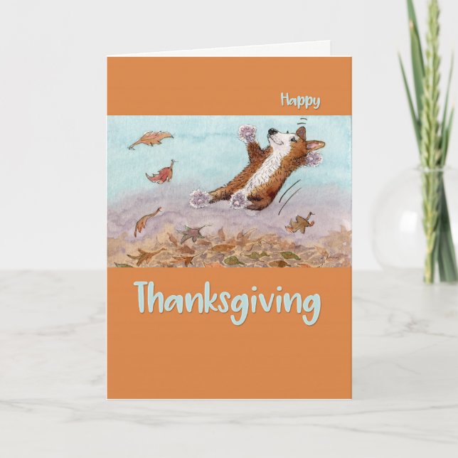 Happy Thanksgiving, Corgi dog jumping in leaves Holiday Card (Front)