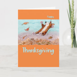 Happy Thanksgiving, Corgi dog jumping in leaves Holiday Card