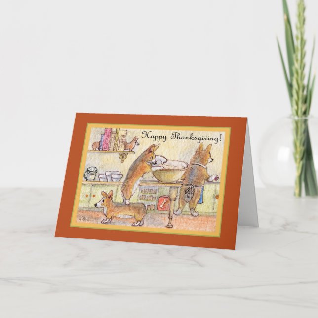 Happy Thanksgiving, corgi family baking Holiday Card (Front)