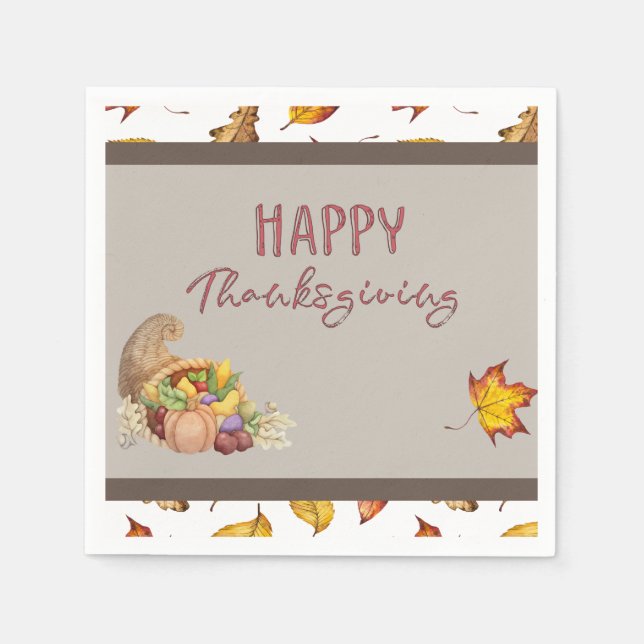 Happy Thanksgiving Cornucopia Basket Fall Leaves   Napkin (Front)
