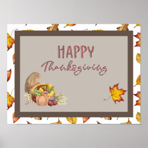 Happy Thanksgiving Cornucopia Basket Fall Leaves Poster