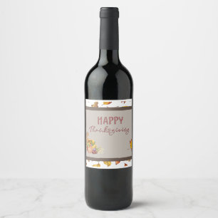 Happy Thanksgiving Cornucopia Basket Fall Leaves Wine Label