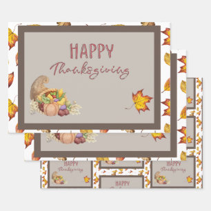 Happy Thanksgiving Cornucopia Basket Fall Leaves   Wrapping Paper Sheet