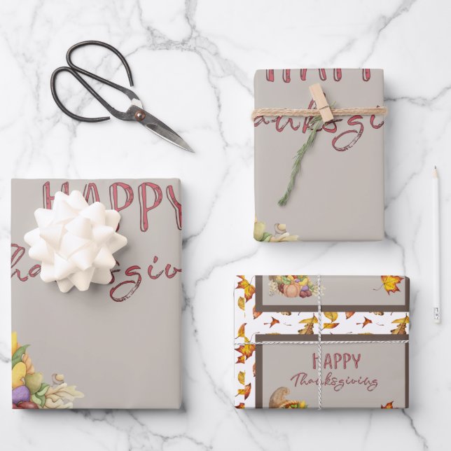 Happy Thanksgiving Cornucopia Basket Fall Leaves   Wrapping Paper Sheet (Front)