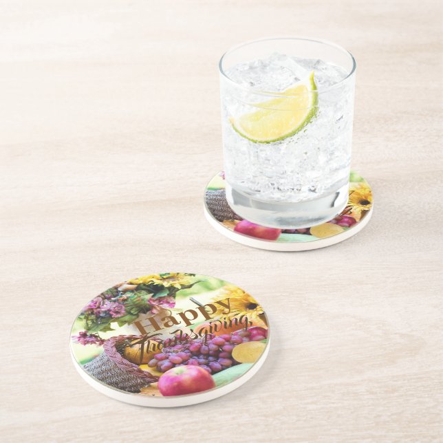 Happy Thanksgiving Cornucopia Fruits Grapes Apple Coaster (Side)