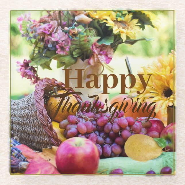 Happy Thanksgiving Cornucopia Fruits Grapes Apple Glass Coaster (Front)