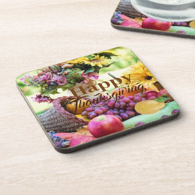 Happy Thanksgiving Cornucopia Fruits Grapes Apples Coaster (Left Side)