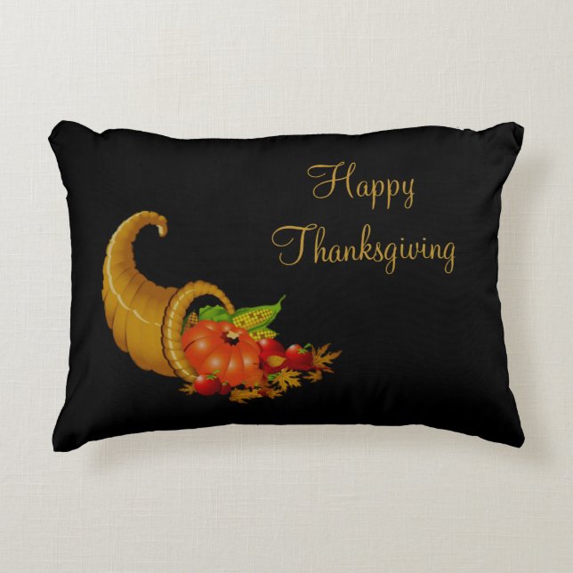 Happy Thanksgiving Cornucopia / Horn of Plenty Decorative Cushion (Front)