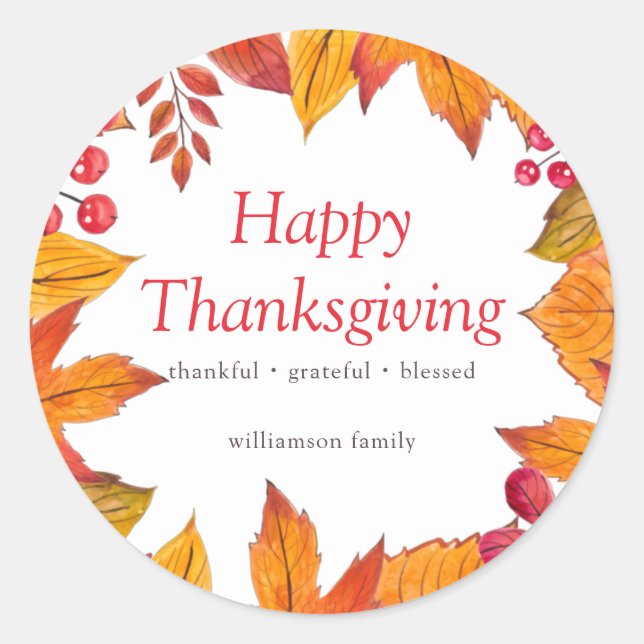 Happy Thanksgiving Country Rustic Autumn Foliage Classic Round Sticker (Front)