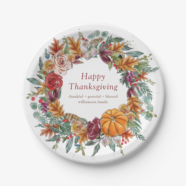 Happy Thanksgiving Country Rustic Pumpkin Wreath Paper Plate (Front)