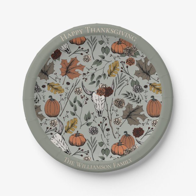 Happy Thanksgiving Cow Skull Fall Harvest Paper Plate (Front)