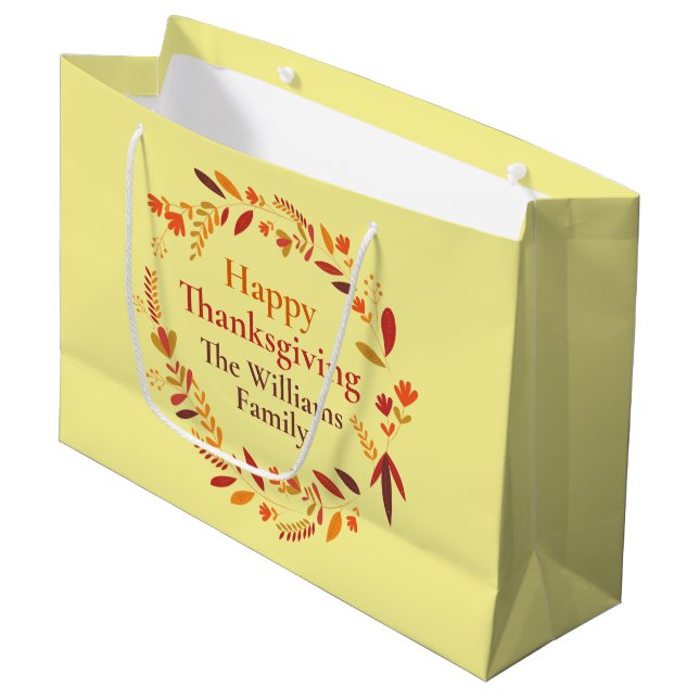Happy Thanksgiving Custom Autumn Leaf Wreath Large Gift Bag (Front Angled)