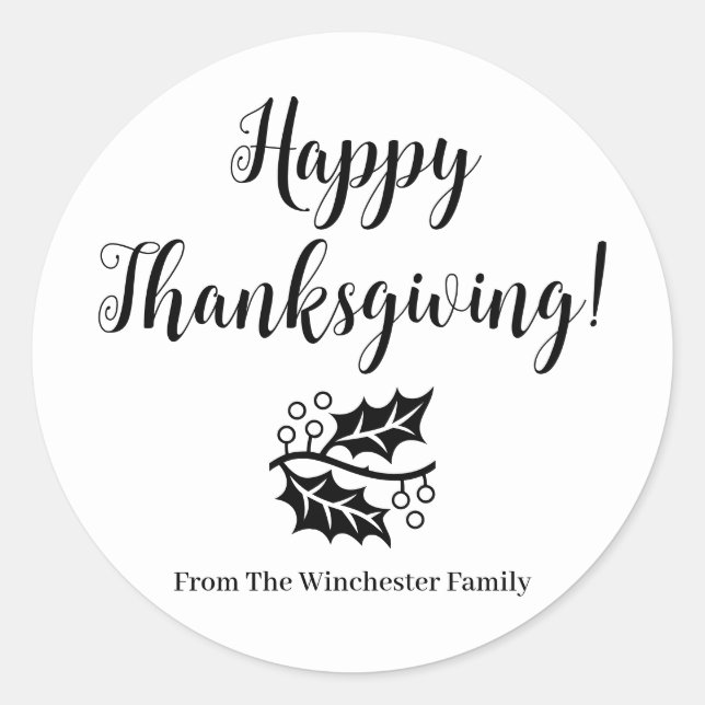 Happy Thanksgiving custom black script foliage Classic Round Sticker (Front)
